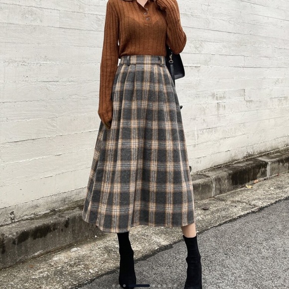 Chic Plaid A-Line Skirt in Gray and Orange Size XL - Picture 8 of 10